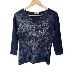 Y2K Blue Canyon Navy Blue Stretch Knit Embellished 3/4 Sleeve Top Sz XL